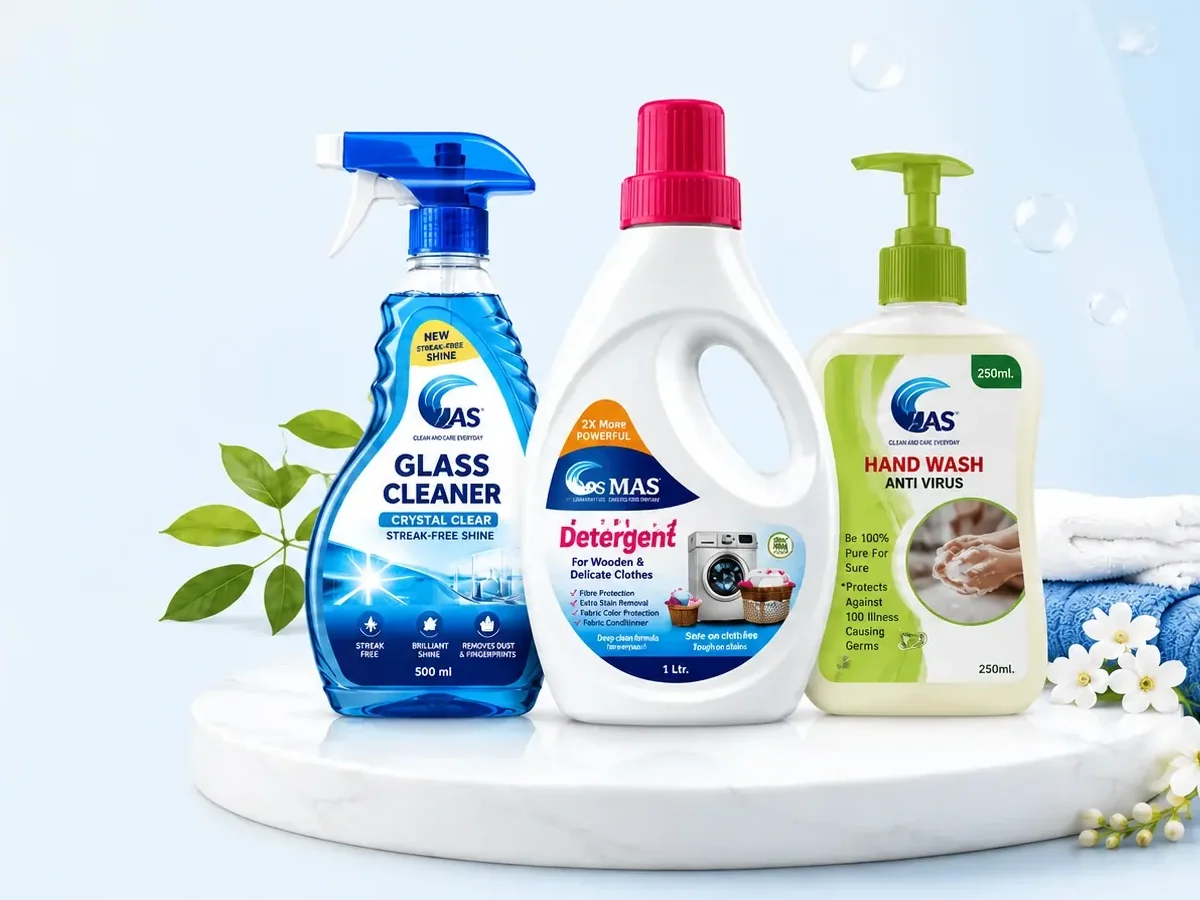 MAS cleaning range — Glass Cleaner, Liquid Detergent and Hand Wash on display